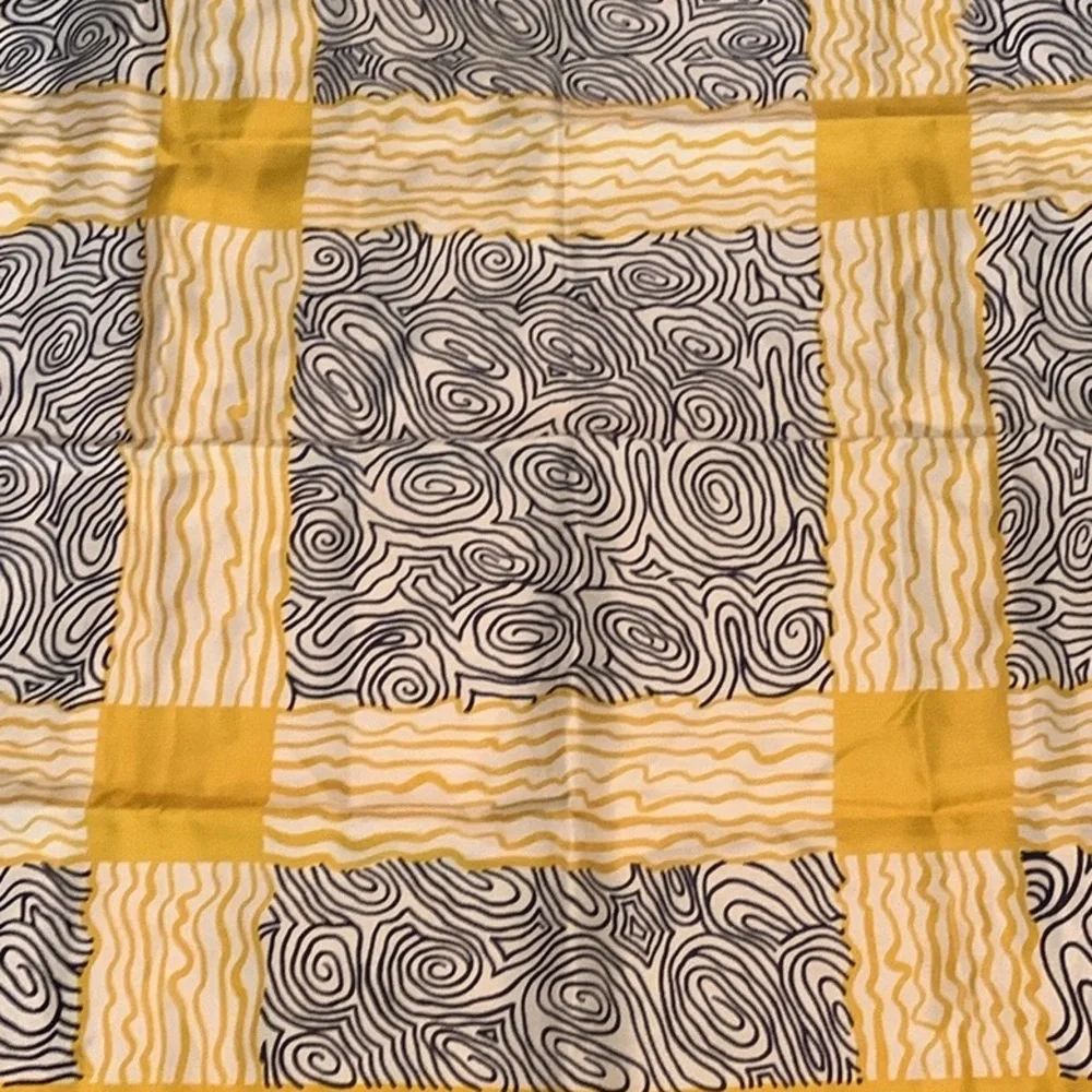 Vintage Lind Silk Scarf Yellow Black Swirls Scarf Art To Wear Geometric 26X26
